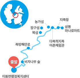 본선02코스 위치. 출발) 이동면행정복지센터, 비자나무 숲, 죽방해안로, 북섬, 장구섬, 농가섬, 삼동 하나로마트, 지족항, 다목적지족 어촌체험관