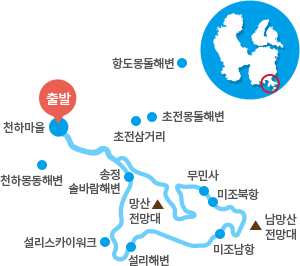 본선08코스 위치. 출발) 천하마을, 천하몽동해변, 송정 솔바람해변, 설리스카이워크, 설리해변, 미조남항, 미조북항, 무민사, 초전몽돌해변, 초전삼거리, 항도몽돌해변, 남망산 전망대